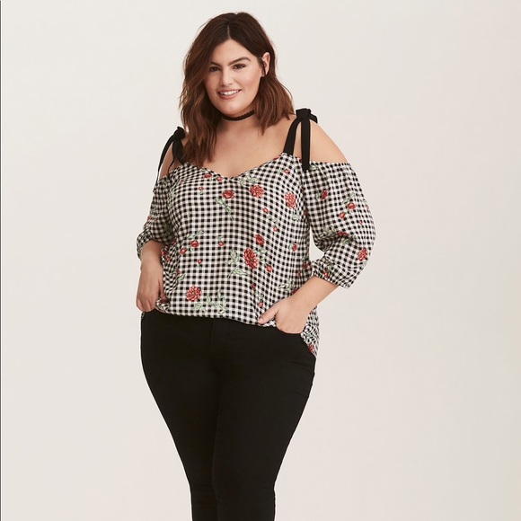 NWT Gingham & Floral Print Cold Shoulder Blouse - Picture 2 of 5